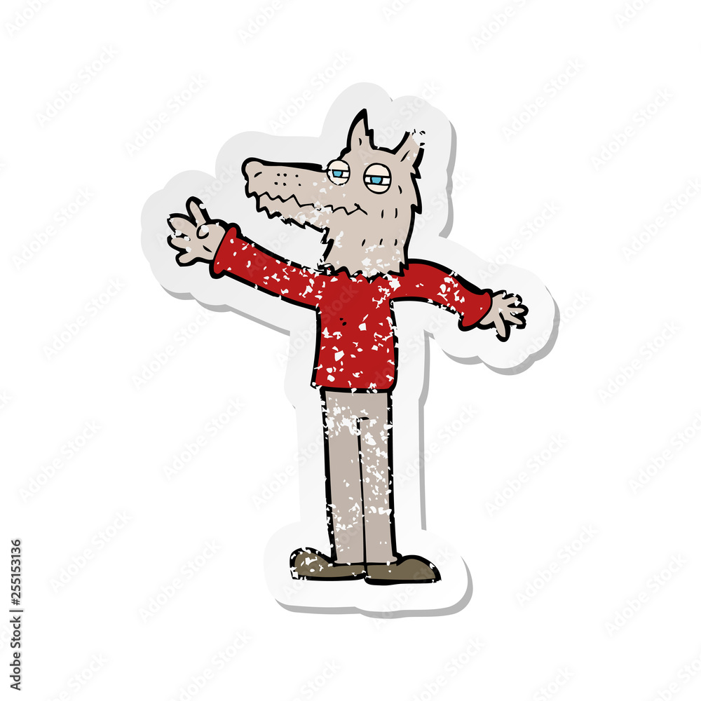 retro distressed sticker of a cartoon waving wolf