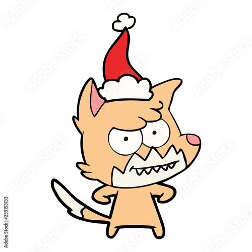 line drawing of a grinning fox wearing santa hat