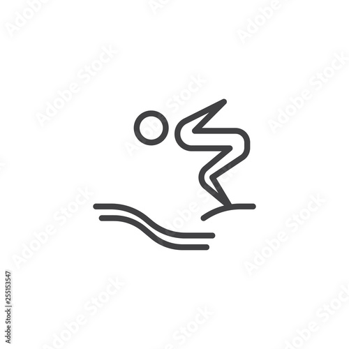 Jumping from a dive board into the water line icon. linear style sign for mobile concept and web design. Diving swimming sport outline vector icon. Symbol, logo illustration. Pixel perfect vector 