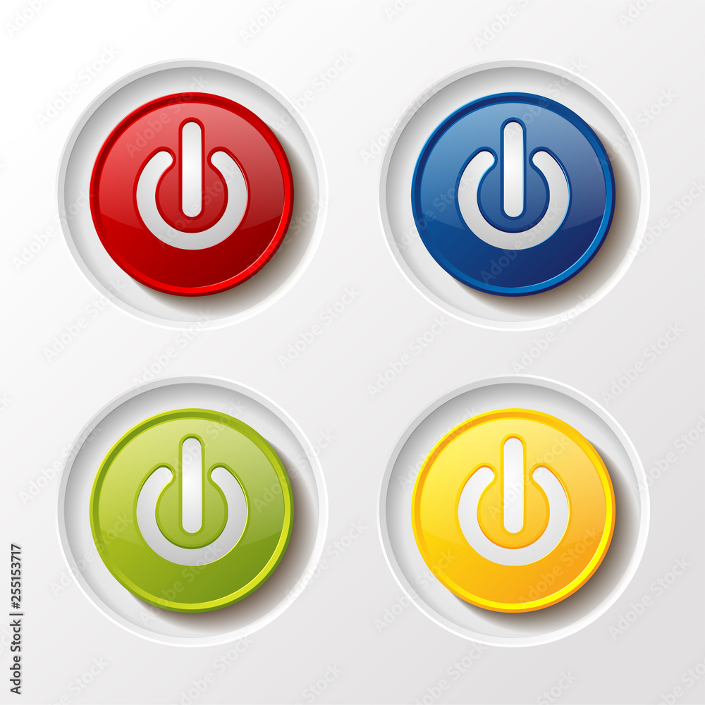 icons of four glossy multi-colored contrast power buttons icons of four glossy multi-colored contrast power buttons