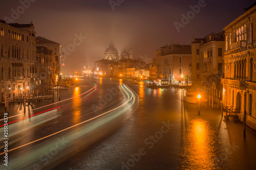 Grand Canal and Santa Maria della Salute Church at night from Accademia Bridge, Venice, Veneto, Italy