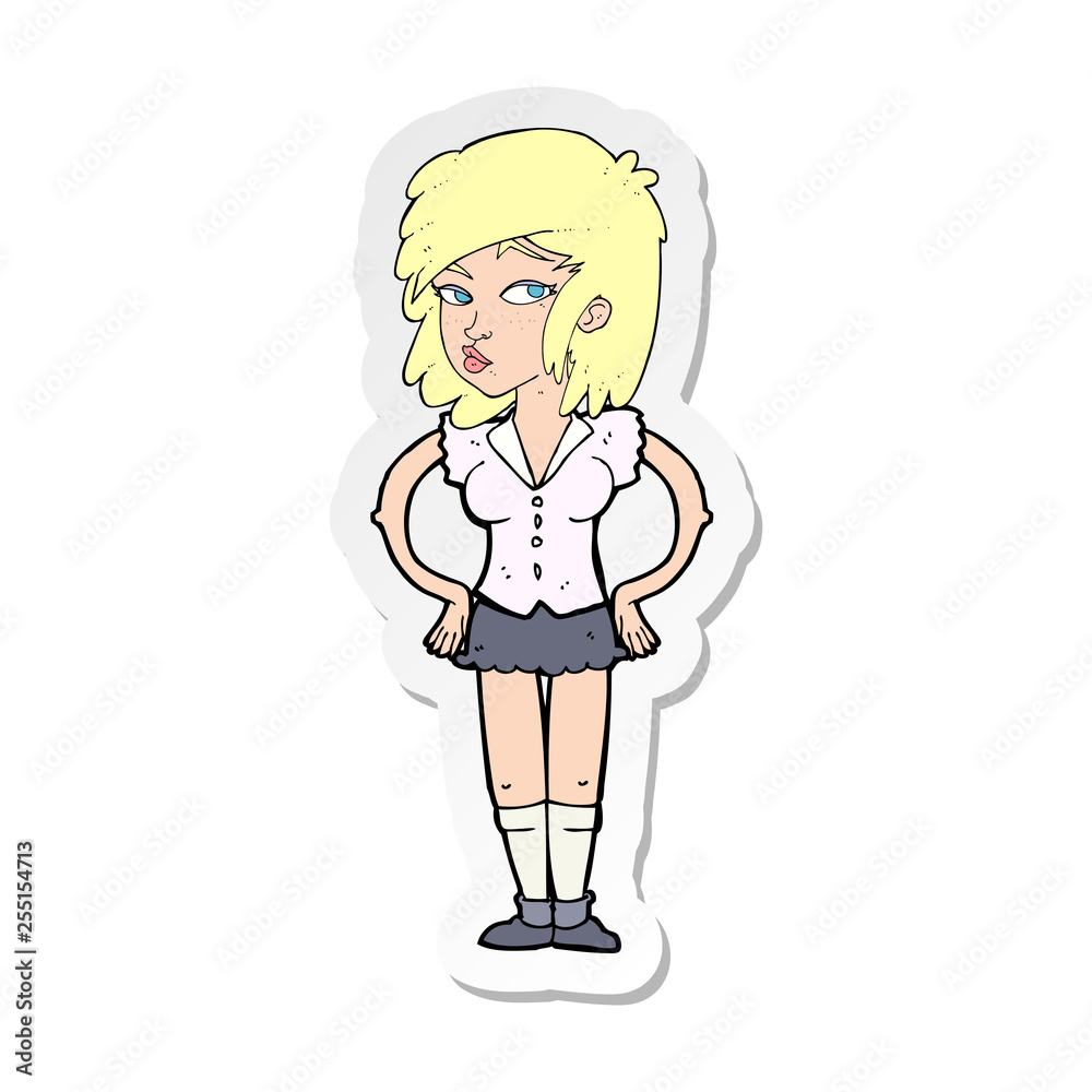 sticker of a cartoon pretty woman with hands on hips sticker of a cartoon pretty woman with hands on hips