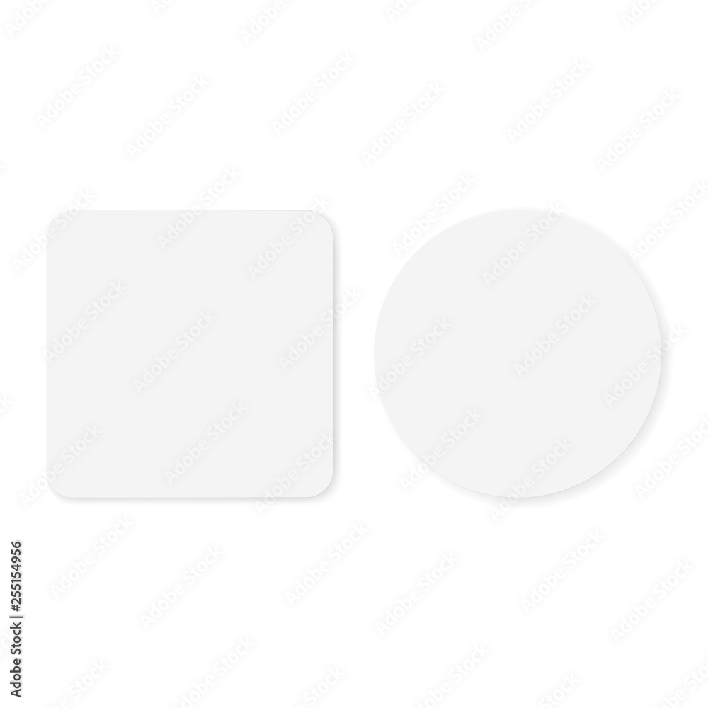 Two blank white round and square stickers mockup isolated on white background. Vector illustration Two blank white round and square stickers mockup isolated on white background. Vector illustration