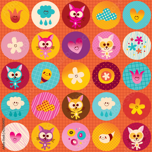 circles pattern cute kittens hearts flowers clouds