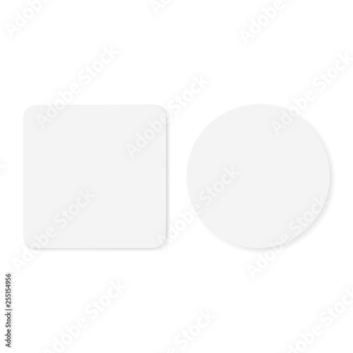 Two blank white round and square stickers mockup isolated on white background. Vector illustration