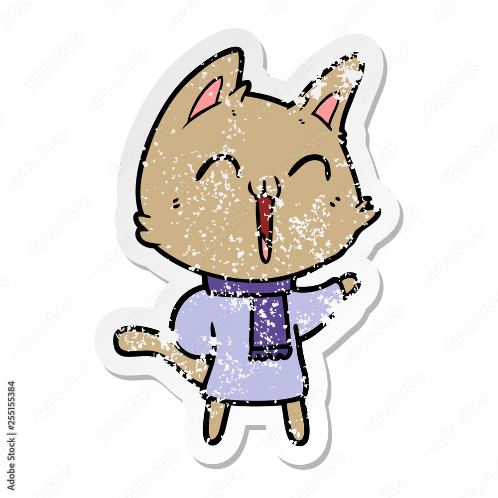 distressed sticker of a happy cartoon cat distressed sticker of a happy cartoon cat