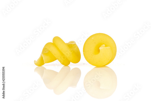 Group of two whole raw pasta funghetto variety pair isolated on white background