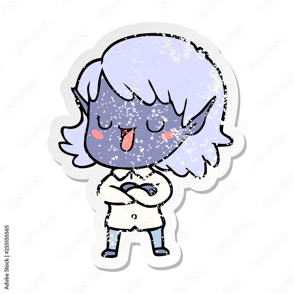 distressed sticker of a cartoon elf girl distressed sticker of a cartoon elf girl