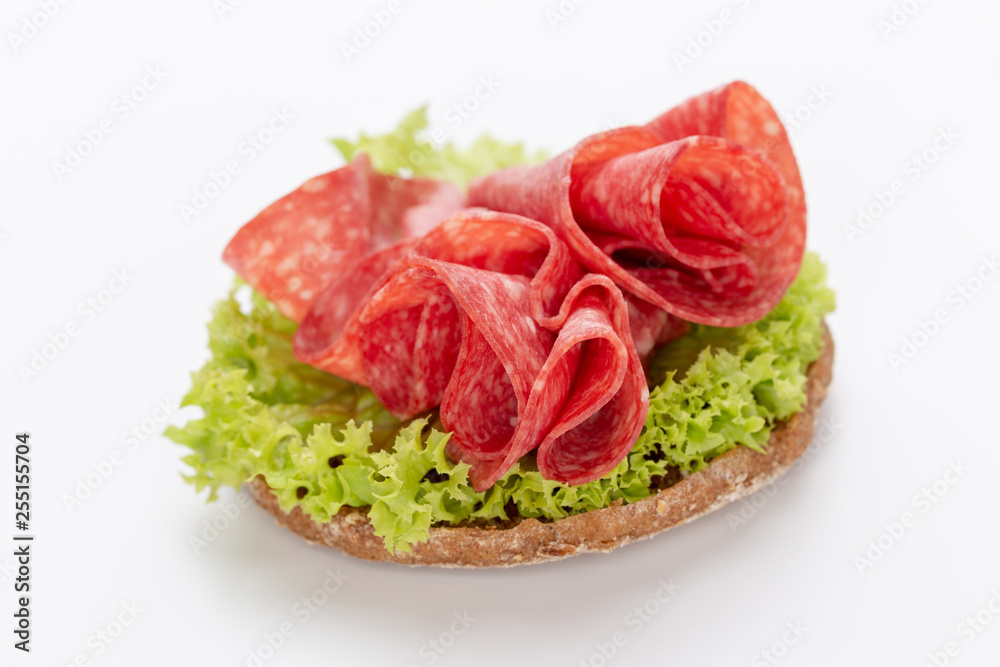 Sandwich with salami sausage on white background.