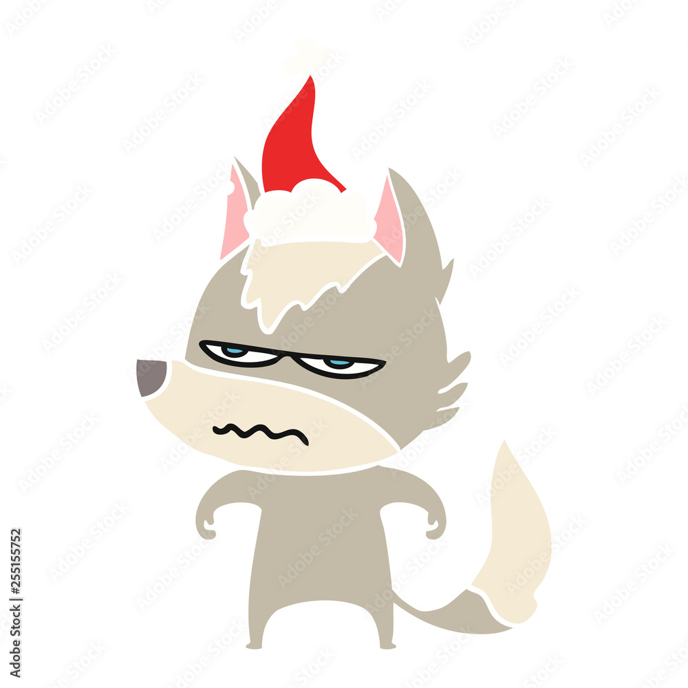 flat color illustration of a annoyed wolf wearing santa hat flat color illustration of a annoyed wolf wearing santa hat