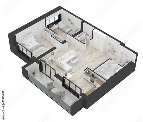 Floor plan of a home top view 3D illustration. Open concept living apartment layout © artjafara