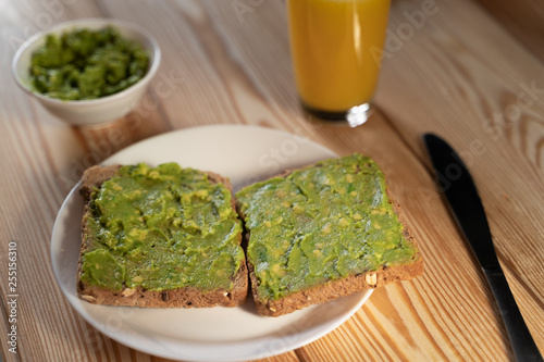 toast bread with guacamole - close up