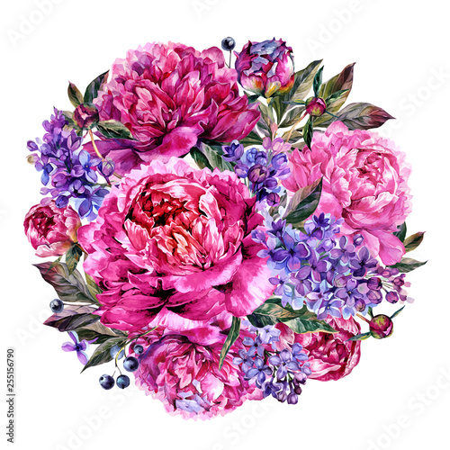 Watercolor Fuchsia Peonies and Lilac Round Bouquet