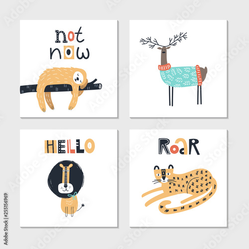 Collection of children cards with cute animals and lettering. Perfect for nursery posters. Vector illustration.