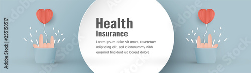 Vector illustration in concept of health insurance. Template design is on pastel blue background in 3D paper cut style.