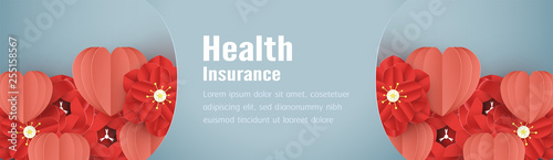 Vector illustration in concept of health insurance. Template design is on pastel blue background in 3D paper cut style.