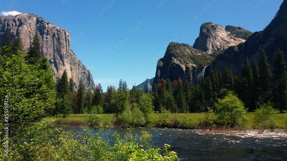 Yosemite National Park. Yosemite Valley View vista point. Merced river on foreground, El Capitan on the left and bridaveil falls on right on background.