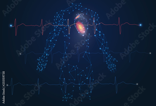 An abstract image of man and heart. Innovative technologies in medicine. Heart beats, pulse, healthy heart.