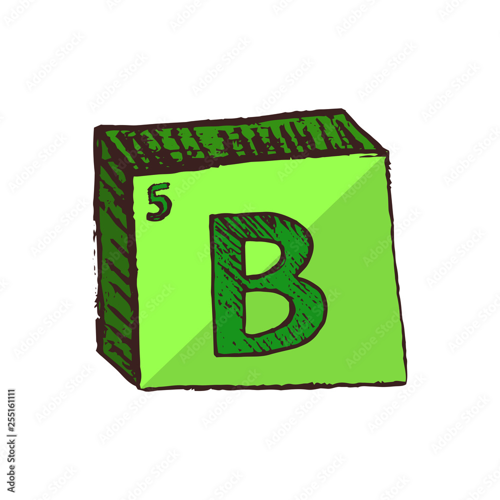 Vector three-dimensional hand drawn chemical green symbol of boron or borium with an abbreviation B from the periodic table of the elements isolated on a white background. Vector three-dimensional hand drawn chemical green symbol of boron or borium with an abbreviation B from the periodic table of the elements isolated on a white background.
