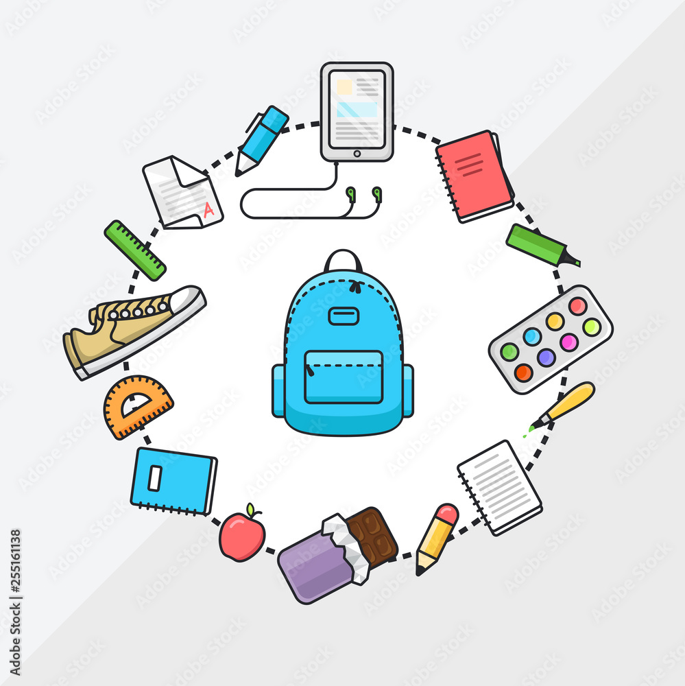 School supplies icon set, back to school outline illustration, flat ...