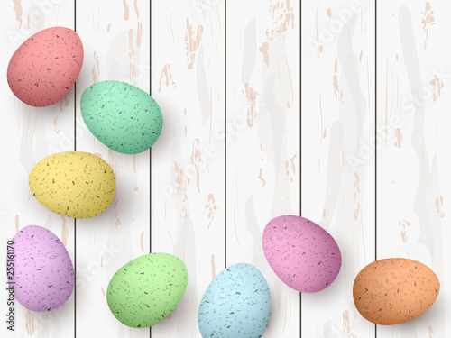 Happy Easter. Congratulatory easter white wooden background. Easter colorful shabby eggs