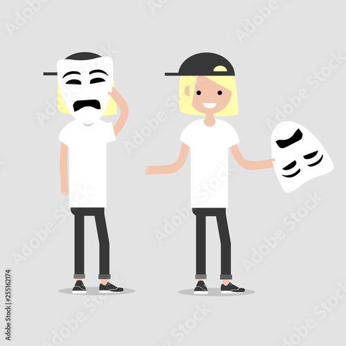 Young chacter in two variations holds sad mask.Hypocrisy,Flat cartoon design.Clip art photo