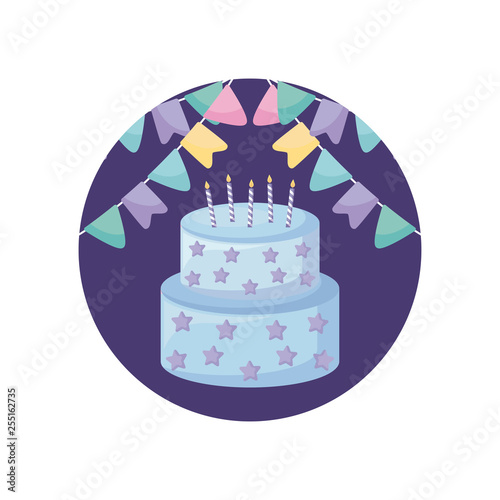 sweet cake with candles in frame circular