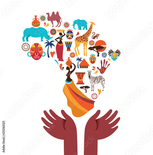 Africa map illustrated with animals icons, tribal symbols. Vector design