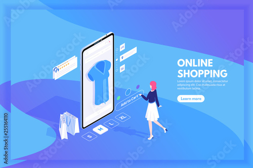 Mobile shopping, m-commerce, distant trade and online store concept with character isometric vector illustration. Woman with a smartphone makes purchases in the online store.