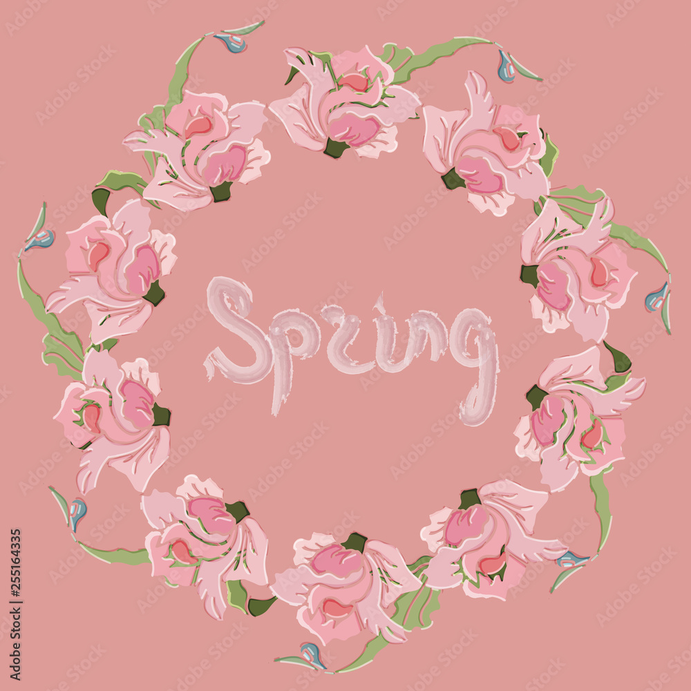 Wreath of roses and leaves. It's spring. Vector illustration.