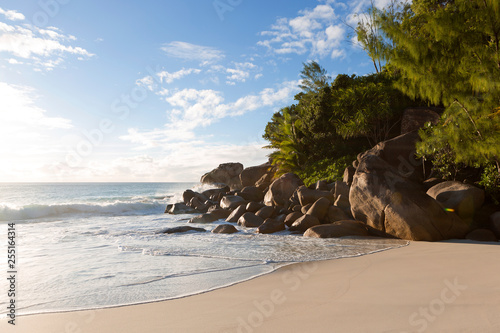 Beach of Anse Georgette, Seychelles in evening light