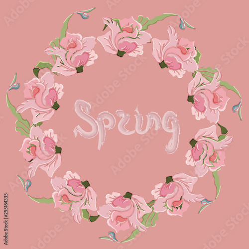 Wreath of roses and leaves. It's spring. Vector illustration.