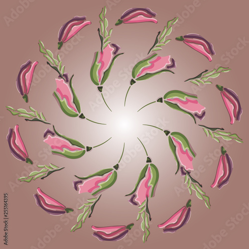 The gentle circular pattern.Beautiful flowers. Invitation, t-shirt printing. Vector illustration.