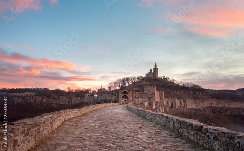 Beautiful panoramic view of medieval Tsarevets fortress in Veliko Tarnovo, Bulgaria during sunrise in the morning. the famous historical capital. Panorama. Patriarch Church on the Tsarevets hill