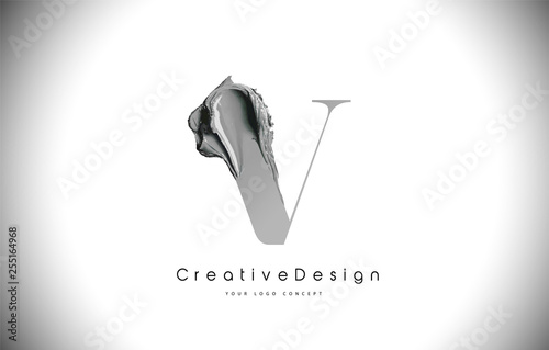 V Letter Design Brush Paint Stroke. Black V Letter Logo Icon with Artistic Paintbrush