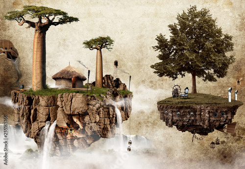 Fantasy landscape, flooting island with tree