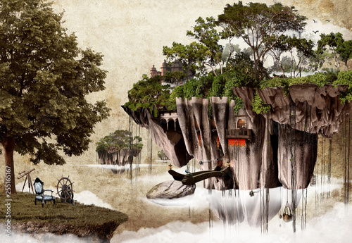 Fantasy landscape, flooting island with tree