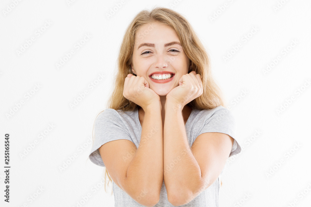 Wow effect. Surprised shocked excited caucasian woman wow face isolated on white background. Young girl in summer t shirt. Copy space Wow effect. Surprised shocked excited caucasian woman wow face isolated on white background. Young girl in summer t shirt. Copy space