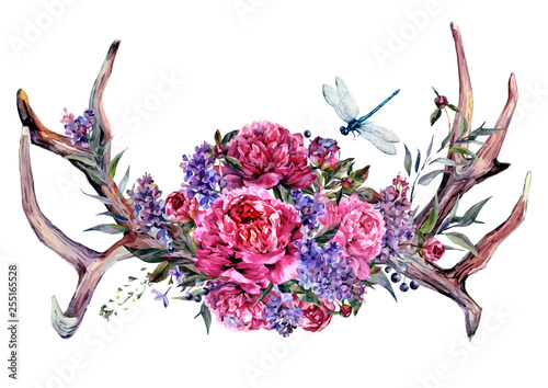 Watercolor Antlers and Flowers. Boho Decoration.