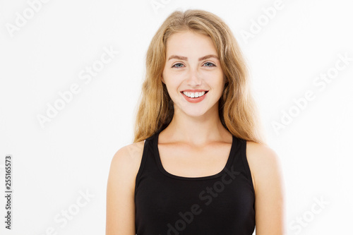 Closeup happy woman face with perfect white teeth smile and skin care isolated on white background. Template blank black summer t shirt with copy space. © ladyalex