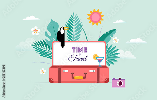 Travel and tourism concept design with open suitcase. Vector illustration