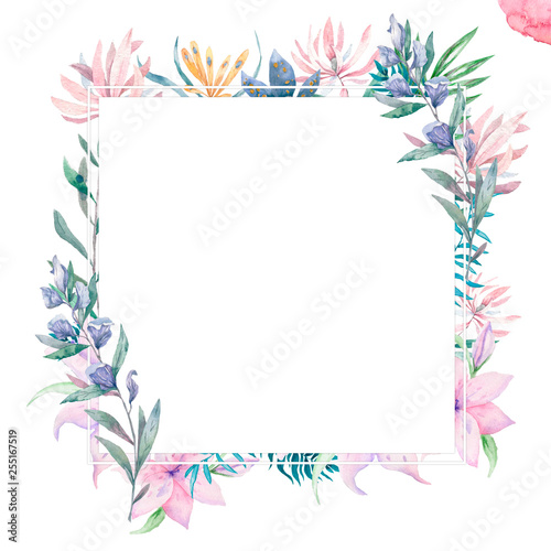 Wedding Invitation  floral invite card  pink flowers and green leafs geometric. Rhombus Rectangle frame. White square background. watercolor. Greeting card  tropical set. Living coral