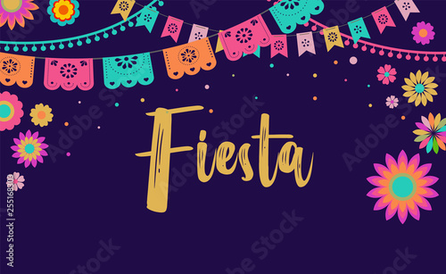 Mexican Fiesta banner and poster design with flags, flowers, decorations