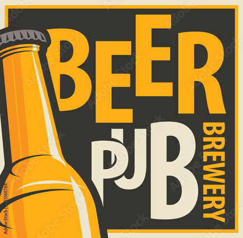 Vector label or banner for beer pub and brewery, with beer bottle in retro style