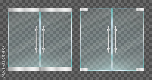 Realistic transparent glass doors with metallic handles. Vector illustration.