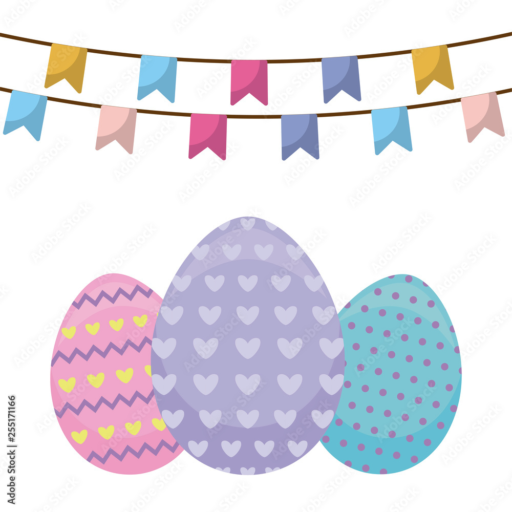 decorated eggs of easter with garlands hanging decorated eggs of easter with garlands hanging