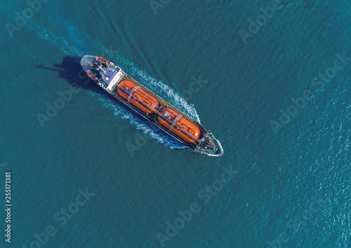 Aerial top view Ship tanker oil or gas LPG full speed for transportation oil from refinery. © Pawinee