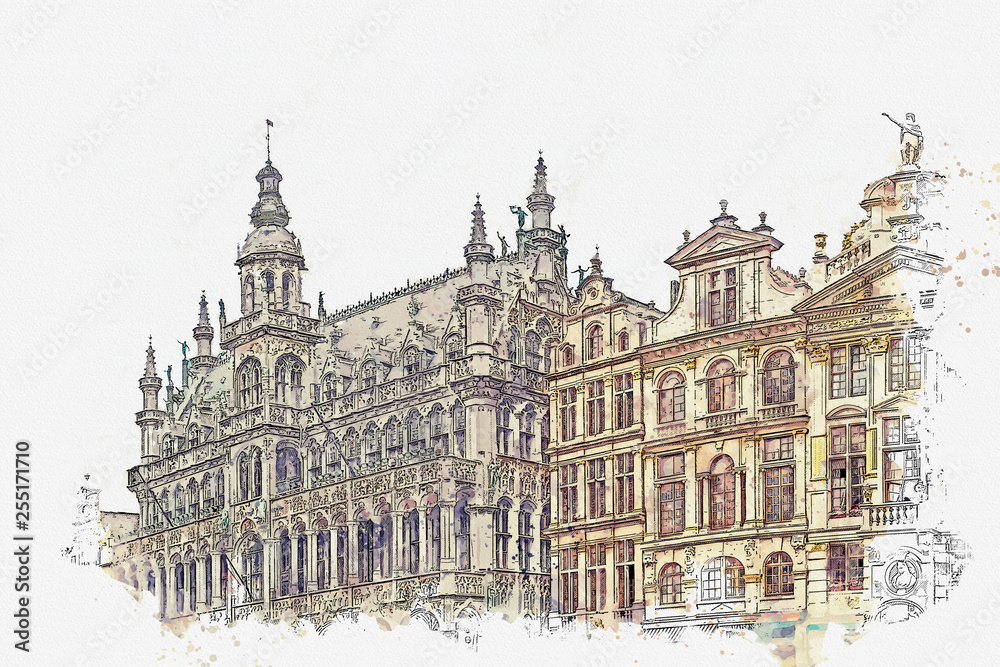 Φωτογραφία Watercolor sketch or illustration of a beautiful view of the architecture on the Grand Place in Brussels in Belgium