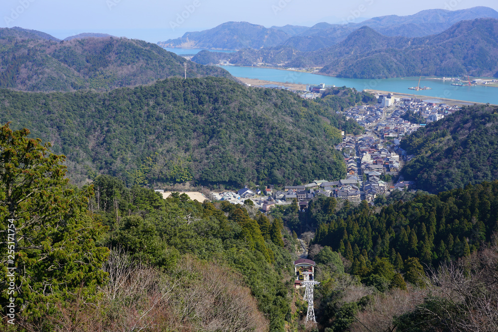 Aerial view of the thermal bath town of Kinosaki Onsen seen from Mount Daishi in Hyogo prefecture, Japan