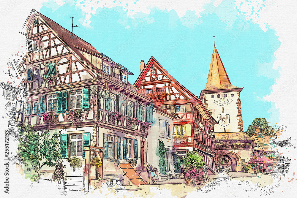 Watercolor sketch or illustration of a beautiful view of the traditional Bavarian architecture in Gengenbach in Germany